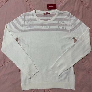 Guess crew neck cream sweater top with rhinestones.